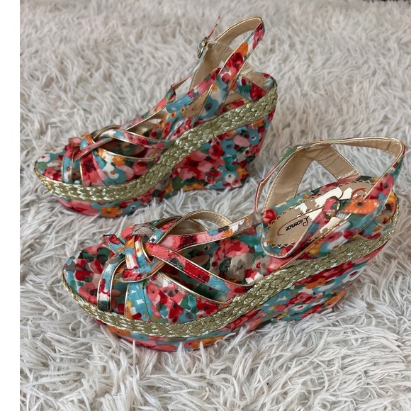 Poetic Licence Floral Wedge Sandals Women's 9 Multicolor Open Toe Ankle Strap - Picture 4 of 9